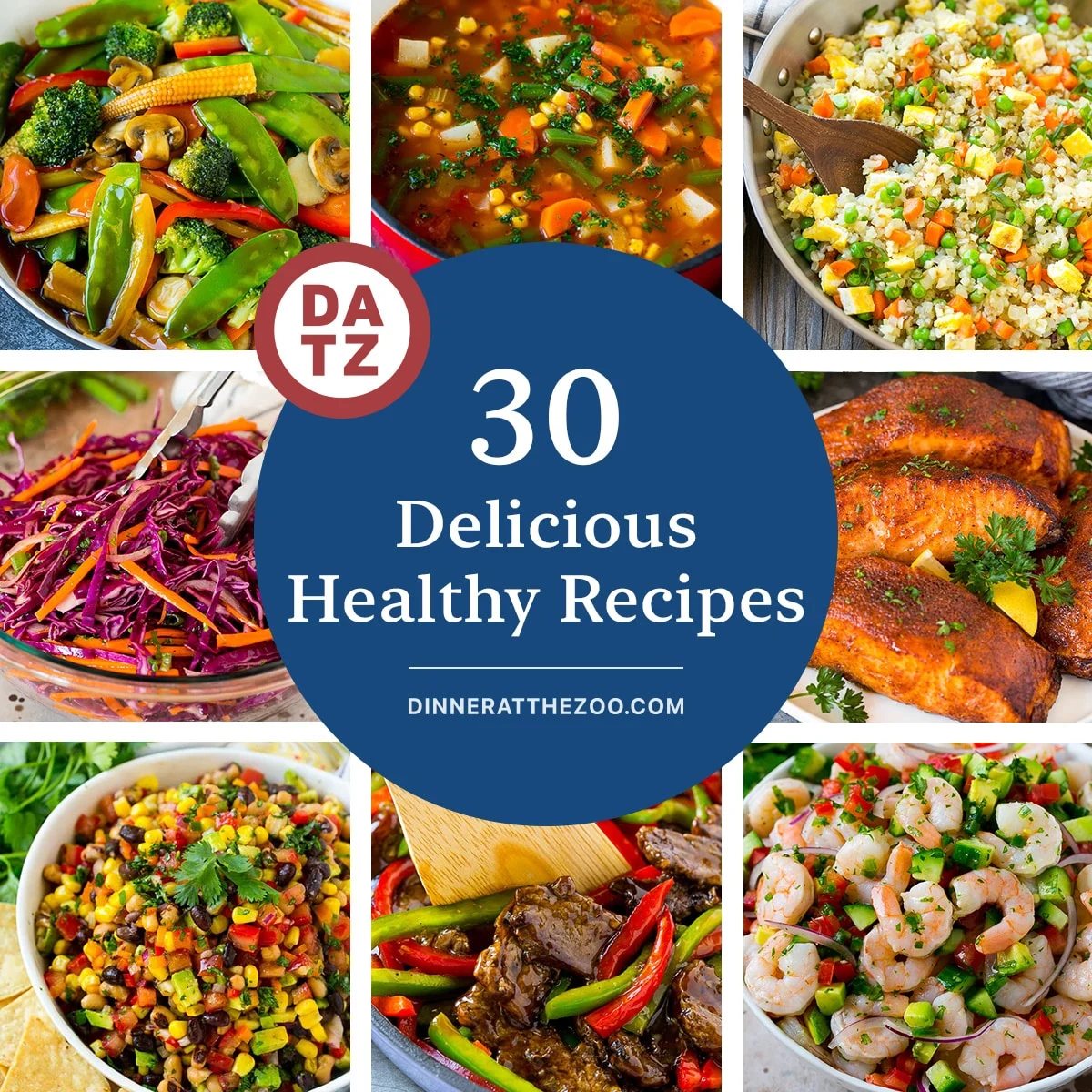 A list of tasty healthy recipes including vegetable stir fry, red cabbage slaw and air fryer salmon.