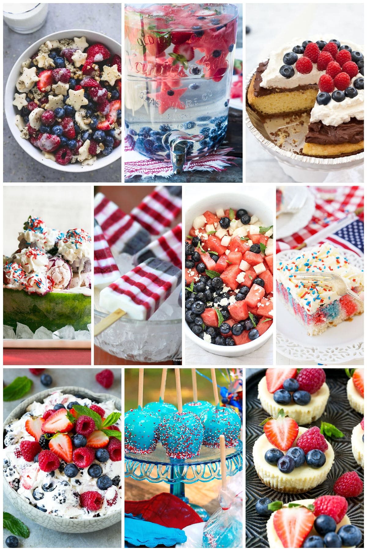A collection of patriotic 4th of July recipes like red, white and blueberry yogurt popsicles, and patriotic infused water.