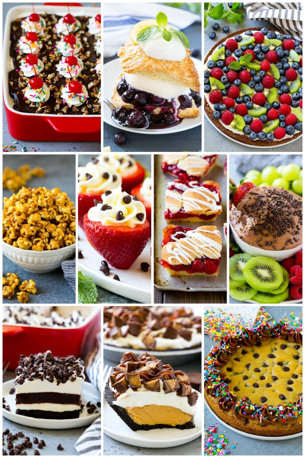 A group of summer dessert recipes like cherry bars, brownie pizza and blueberry shortcake.