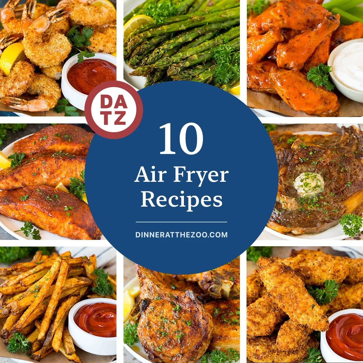 A collection of memorable air fryer recipes for any occasion including chicken wings, shrimp and pork chops.