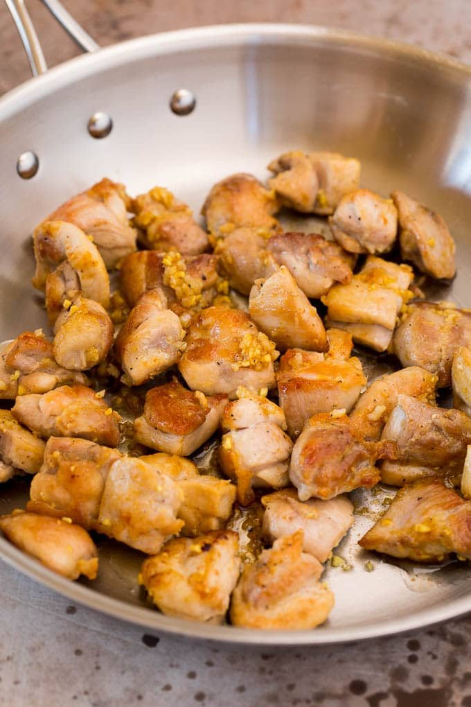 Seared chicken with garlic and ginger.