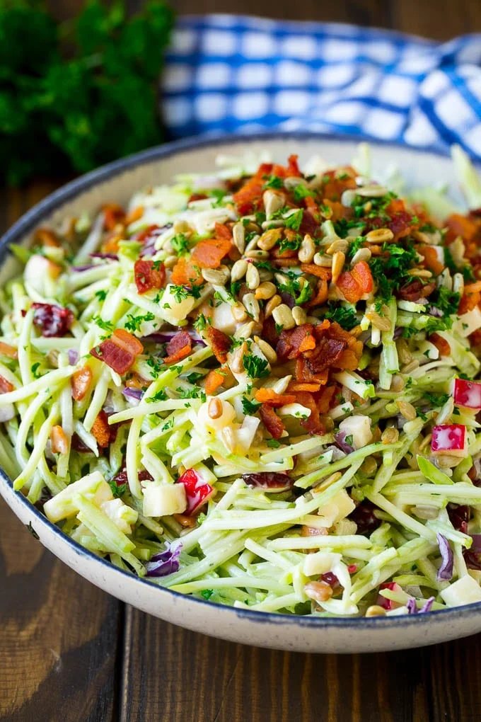 Broccoli slaw with apples, sunflower seeds and bacon, all tossed in a silky dressing.