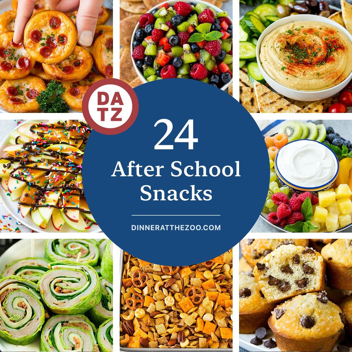 A group of tasty after school snacks like chocolate chip muffins and kitchen-made hummus.