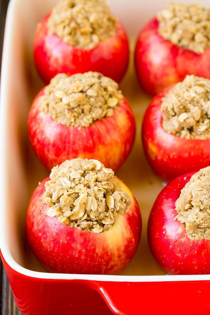 Oatmeal and brown sugar stuffed into hollowed out fruit.