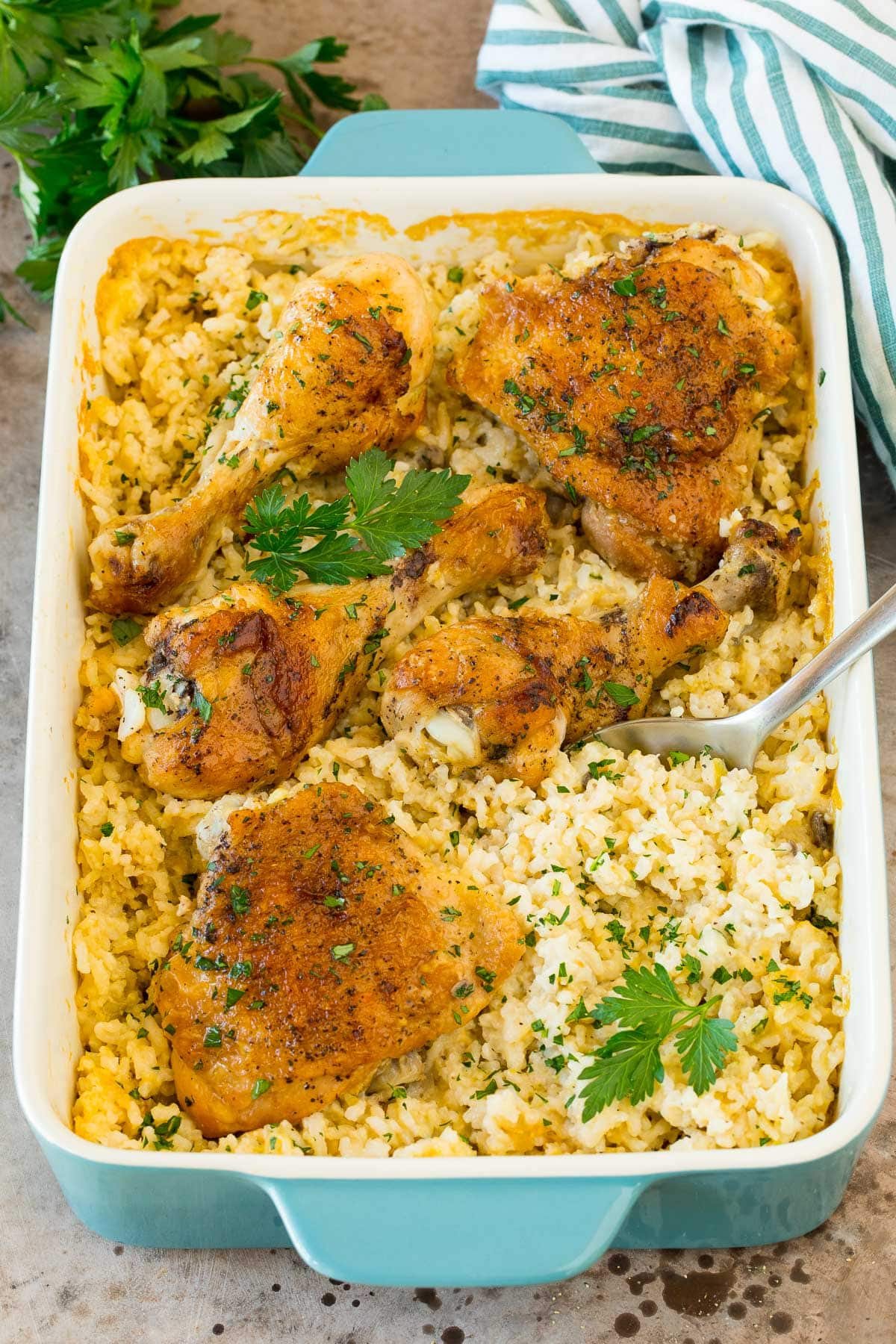 An image of a pan of chicken and rice casserole.