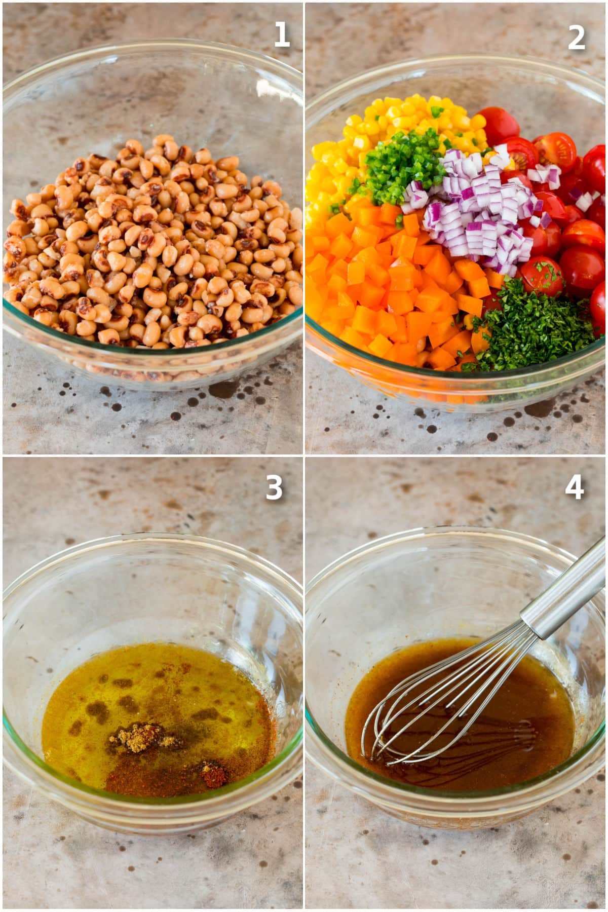 Step by step process shots showing how to make black eyed pea salad.