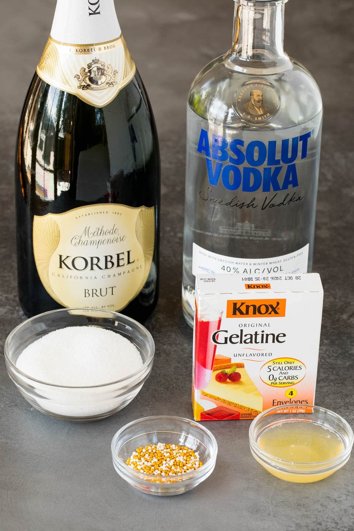 Ingredients including vodka, champagne, lemon juice, sugar and gelatin.