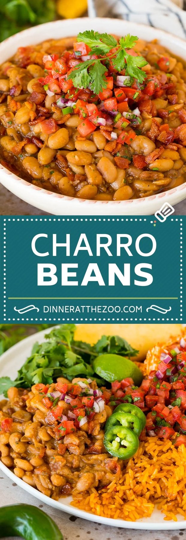 These charro beans are pinto beans simmered with bacon, tomatoes, chiles and spices, all in a hearty broth.