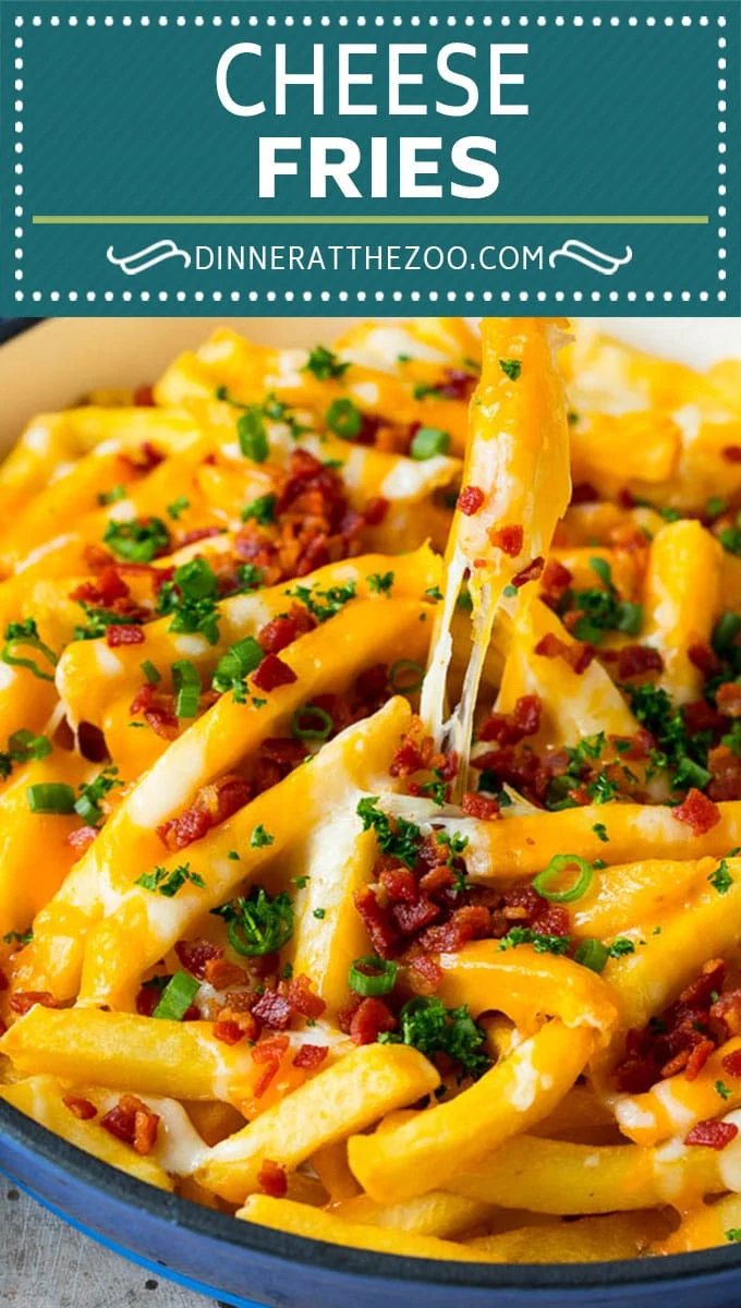 These cheese fries are crispy potatoes topped with plenty of melted cheese, bacon and herbs. #fries #dinneratthezoo