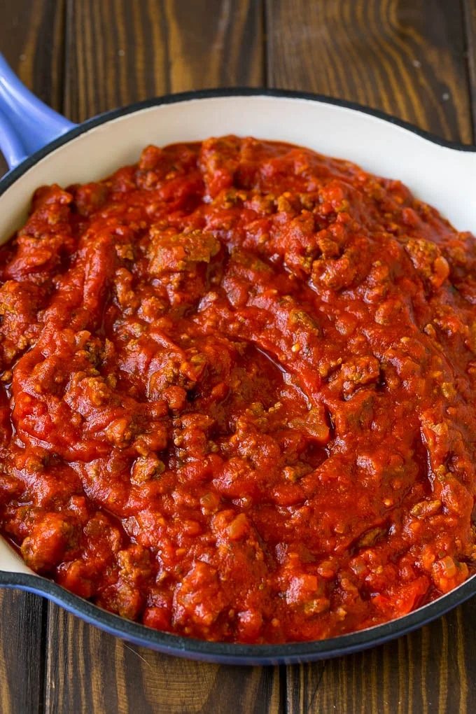 Homemade meat sauce in a pan.
