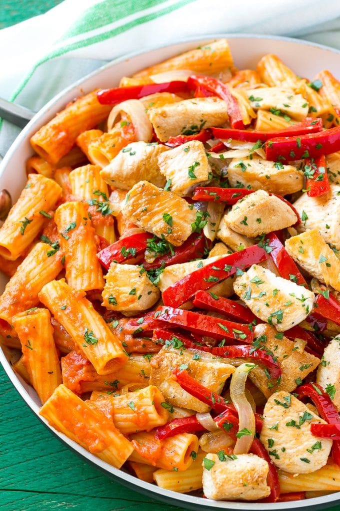 Chicken riggies pasta with seared chicken, rigatoni and peppers in a silky tomato sauce.