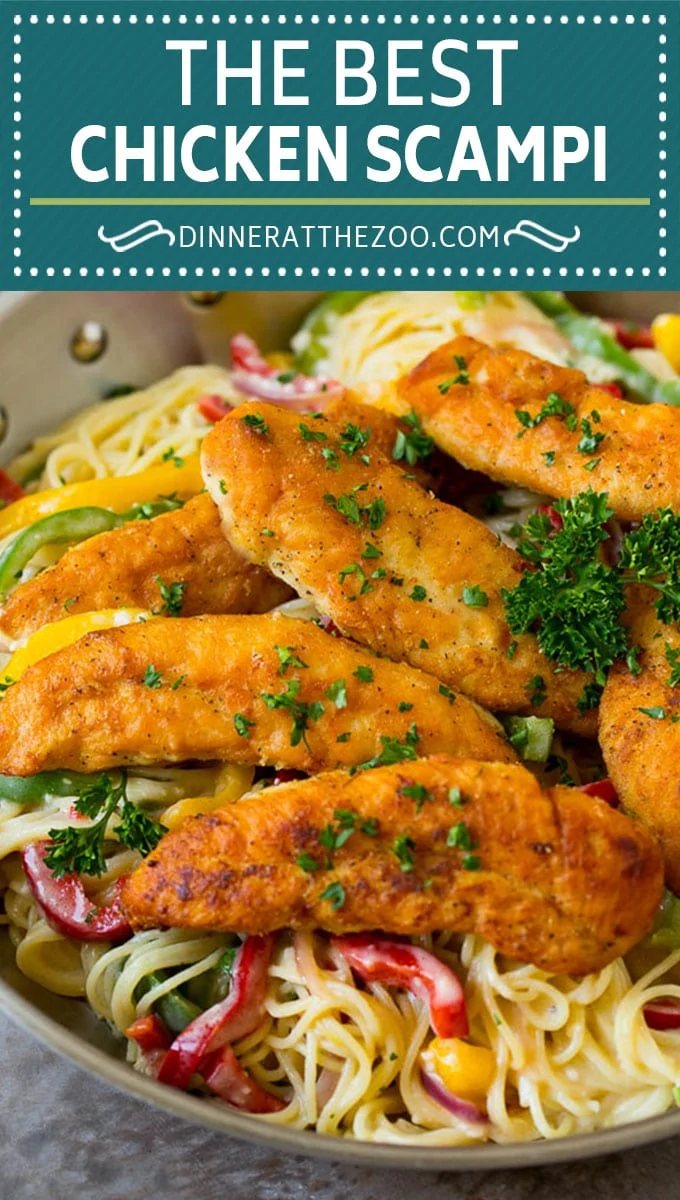 This chicken scampi recipe is golden brown chicken tenderloins with peppers and onions over pasta, all tossed in a white wine and butter sauce.