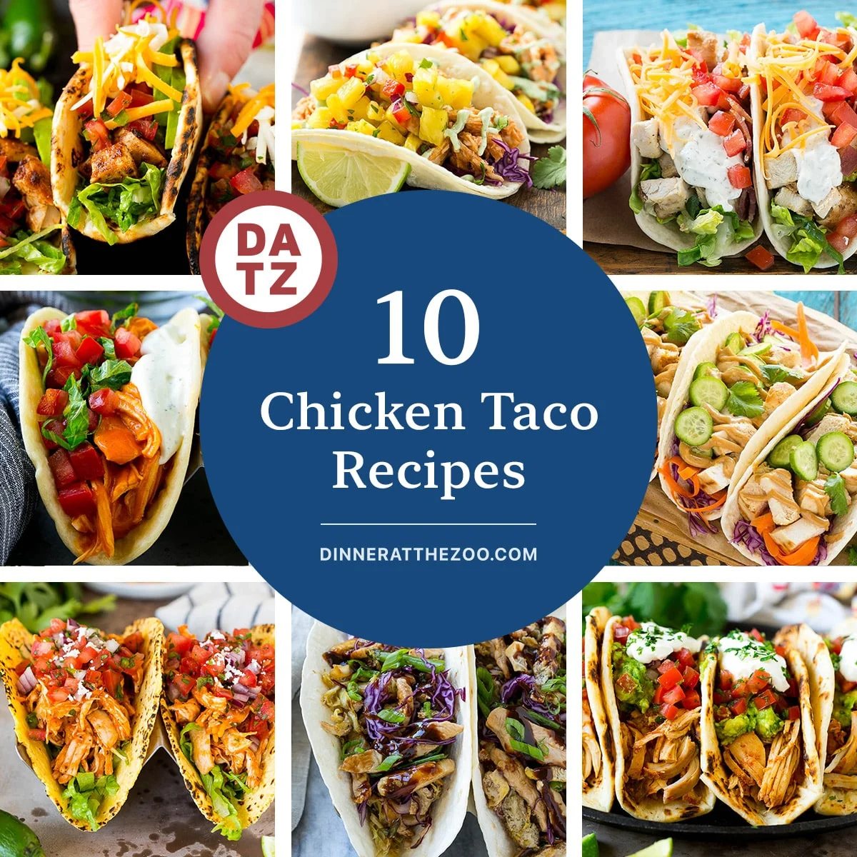 A collection of tasty chicken taco recipes including chicken ranch tacos, slow cooker chicken tacos and taco pinwheels.