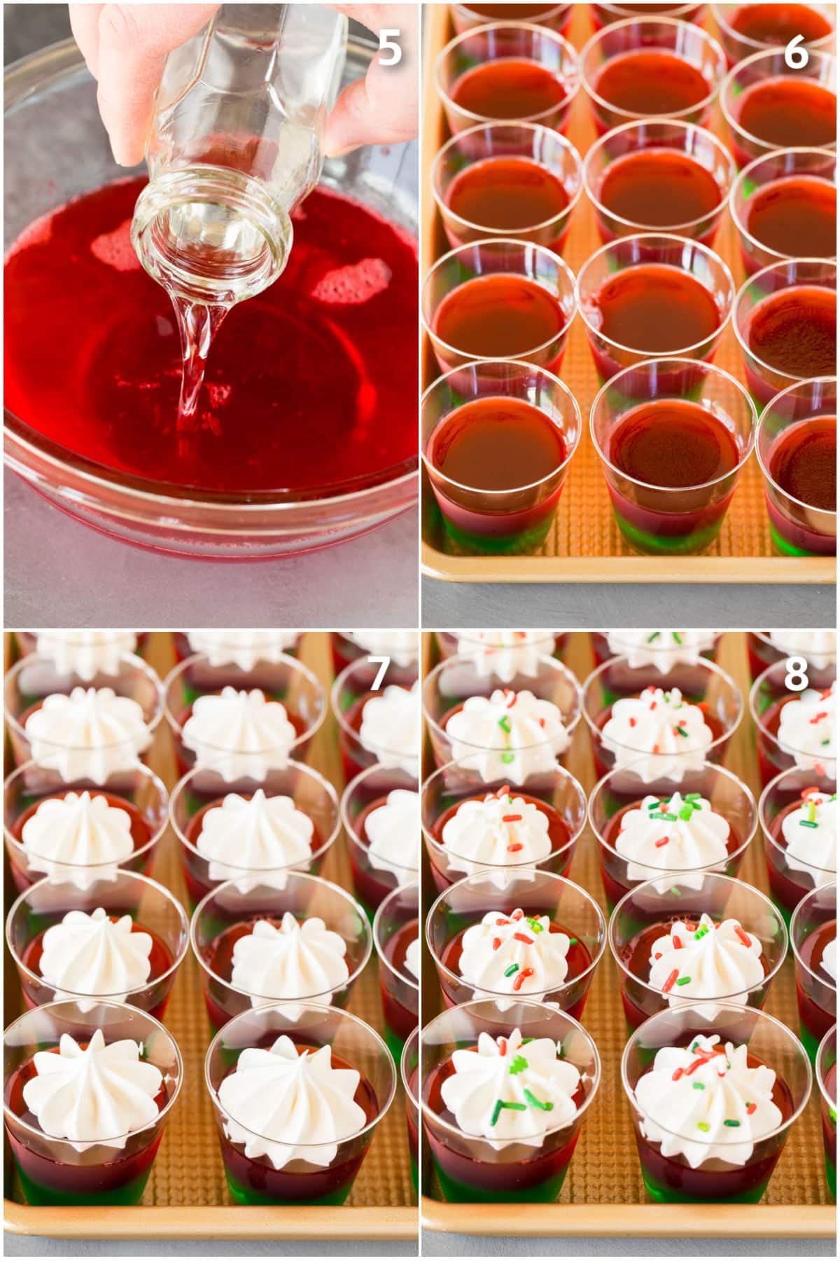 Red gelatin being made and layered into cups with whipped cream.