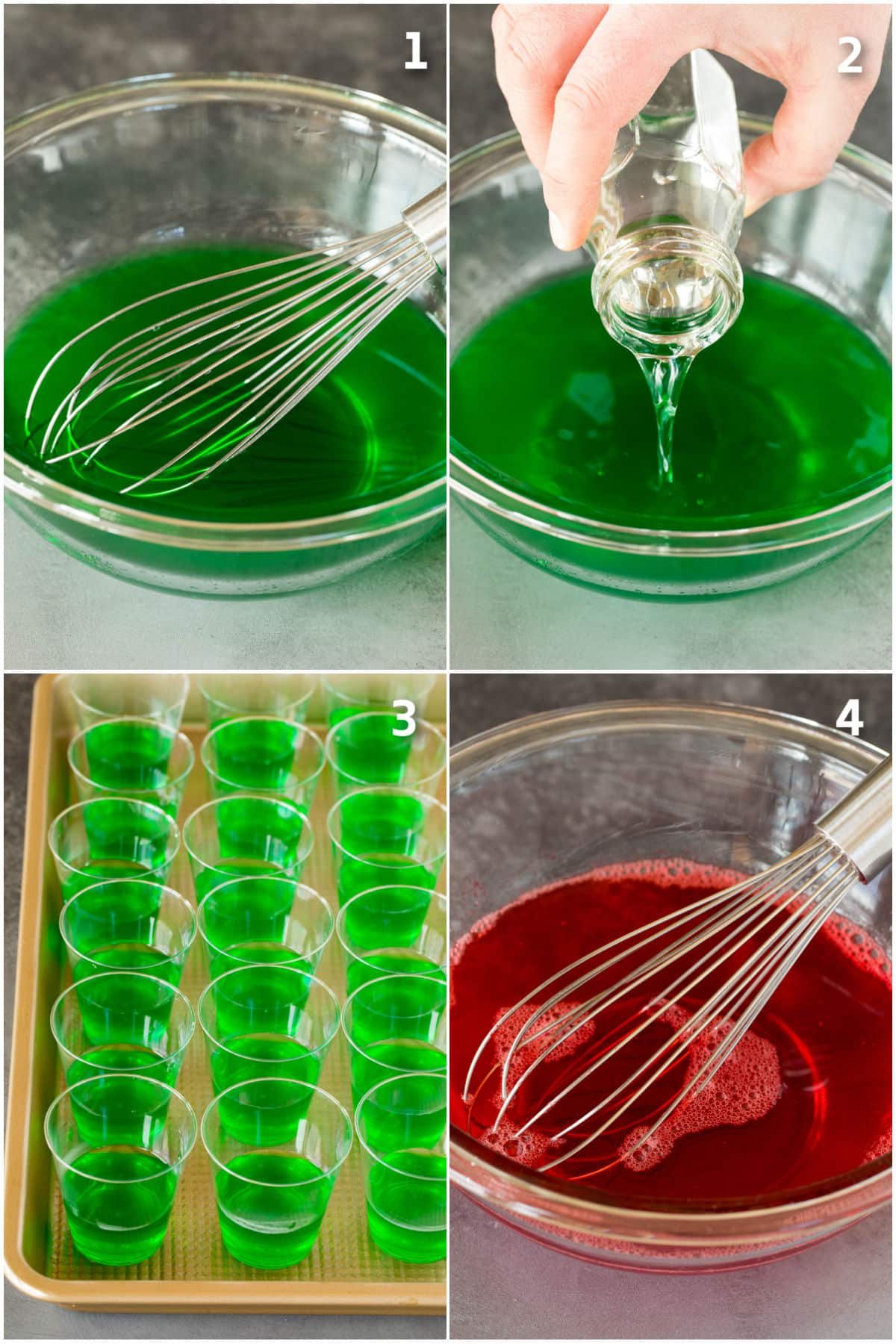 Green jello being made and poured into shot cups.