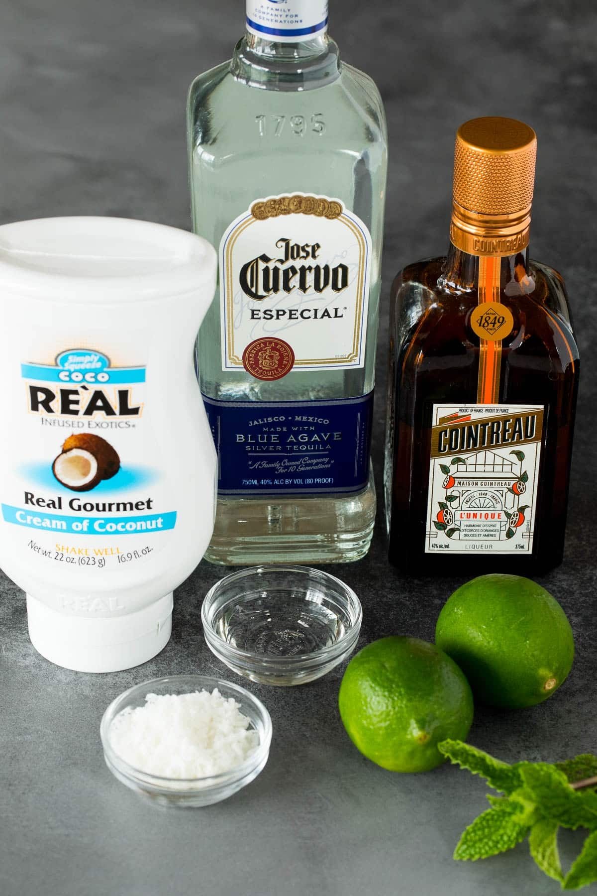 Ingredients including coconut cream, triple sec, tequila, limes and sugar.