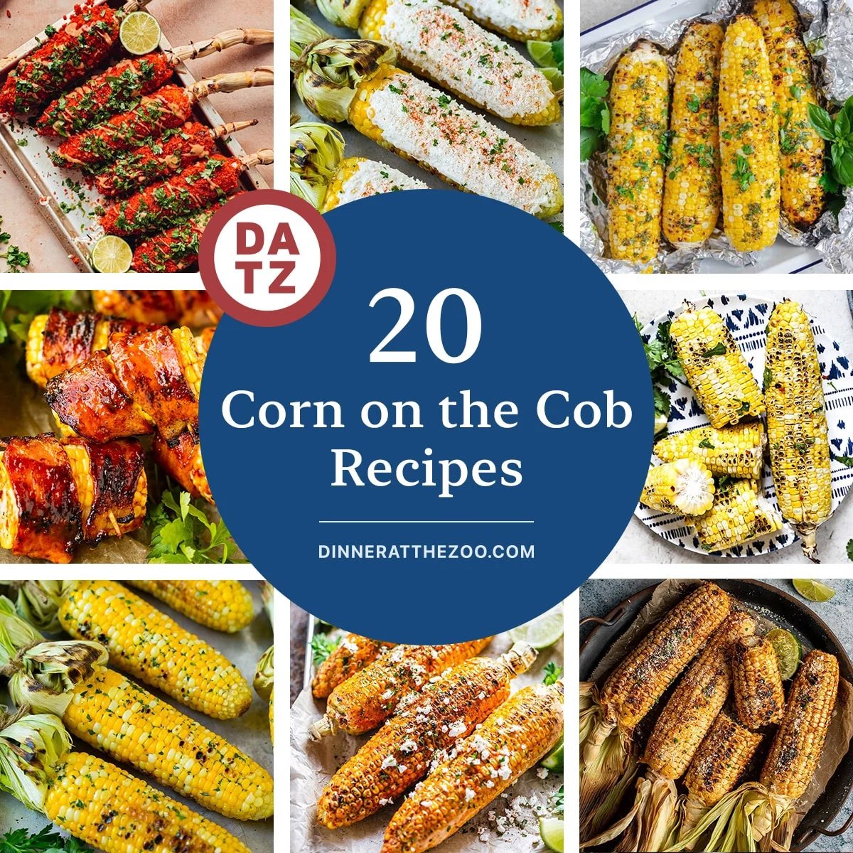 A group of images of tasty corn on the cob recipes such as Mexican street corn elote, bacon wrapped corn and grilled corn.