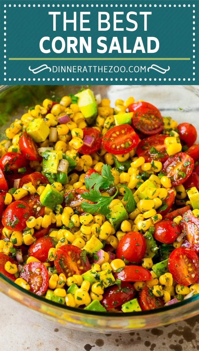 Easy corn salad with tomato and avocado, all tossed in a zesty lime dressing.