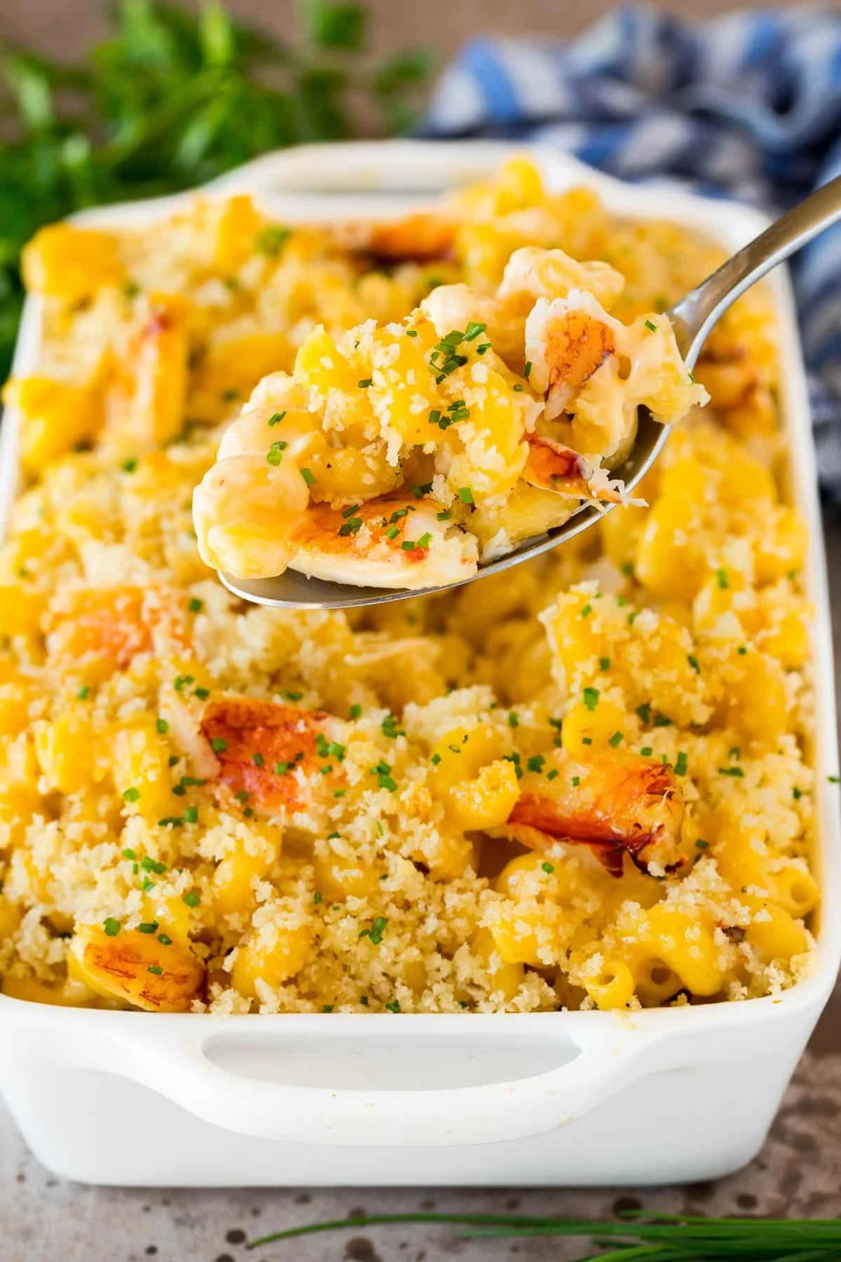 A pan of crab and cheese with a spoon holding up a portion.