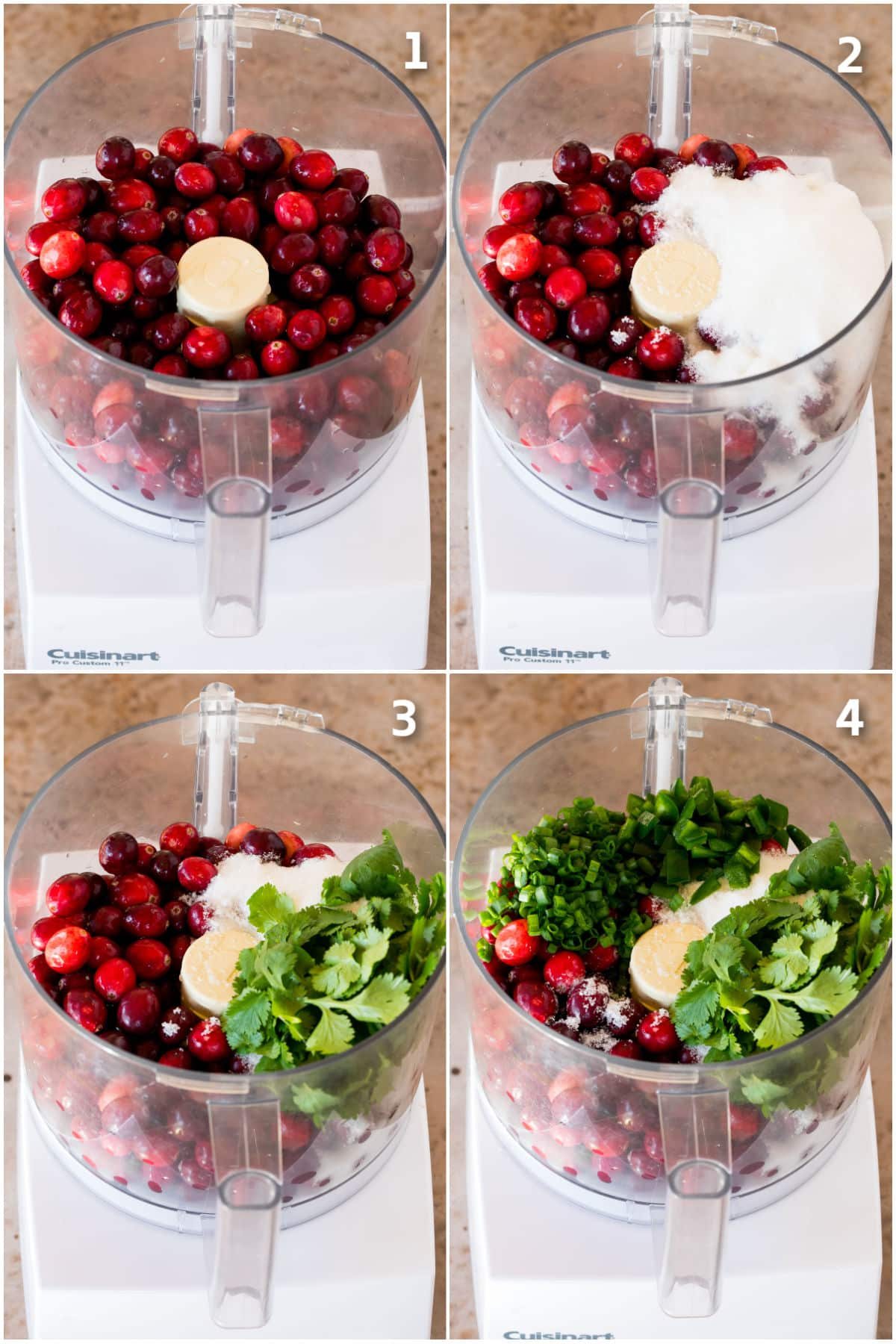 Cranberries, cilantro, jalapeno and sugar being added to the bowl of a food processor.