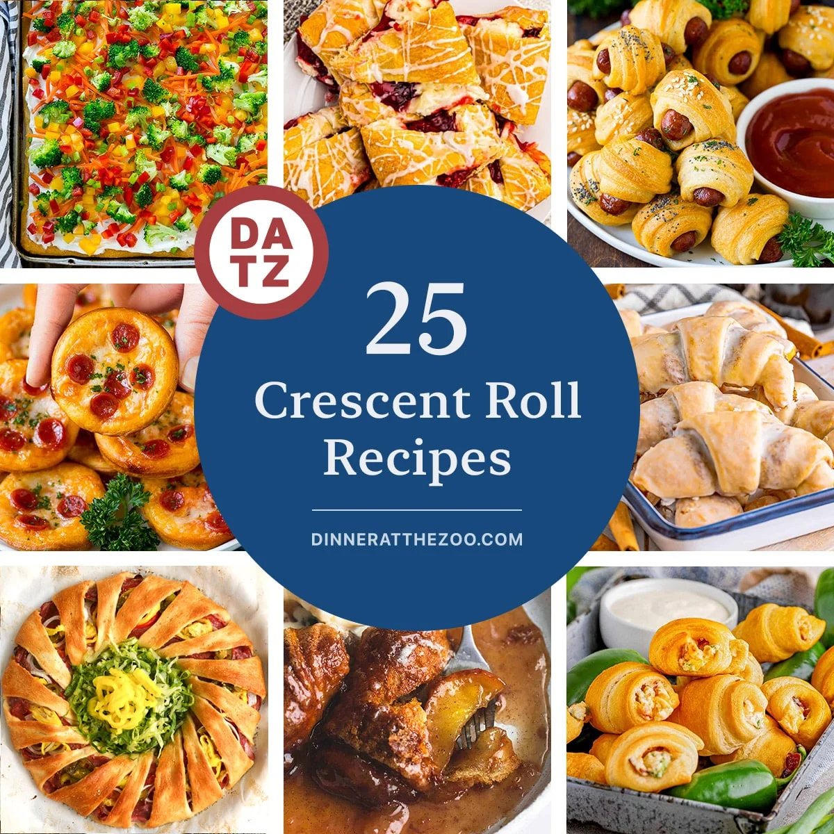 A group of images of tasty crescent roll recipes like veggie pizza, pigs in a blanket and jalapeno popper puffs.