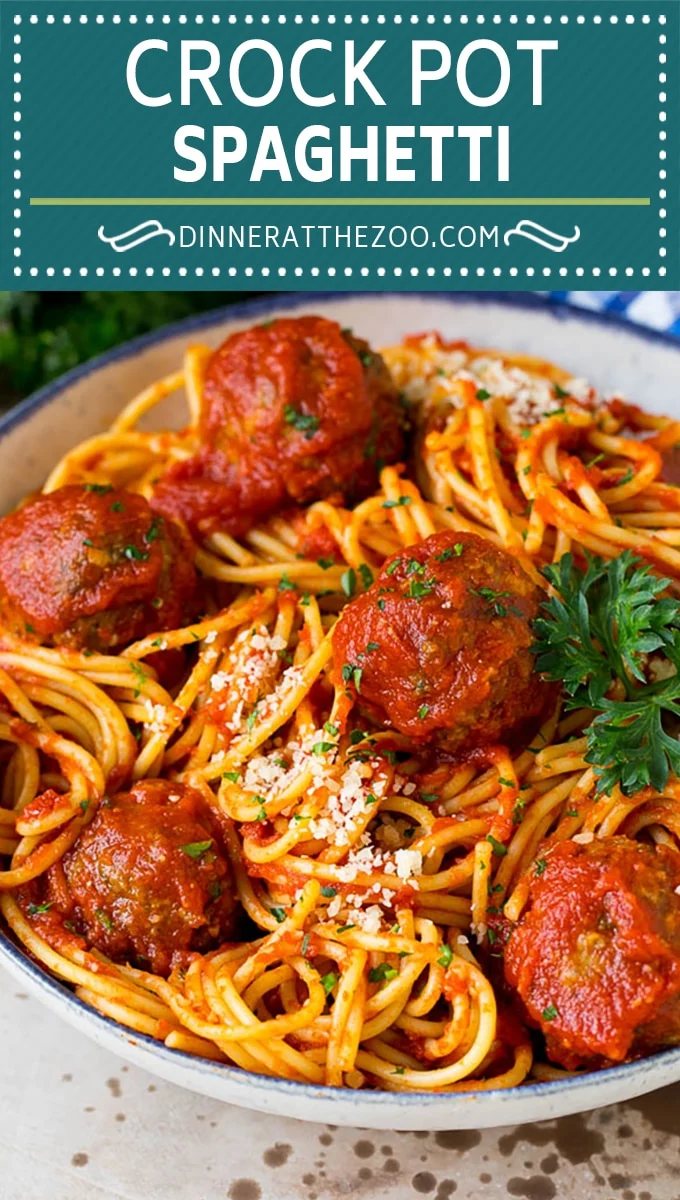 This crock pot spaghetti is homemade beef meatballs that are simmered in tomato sauce, then tossed with spaghetti to make an easy meal.