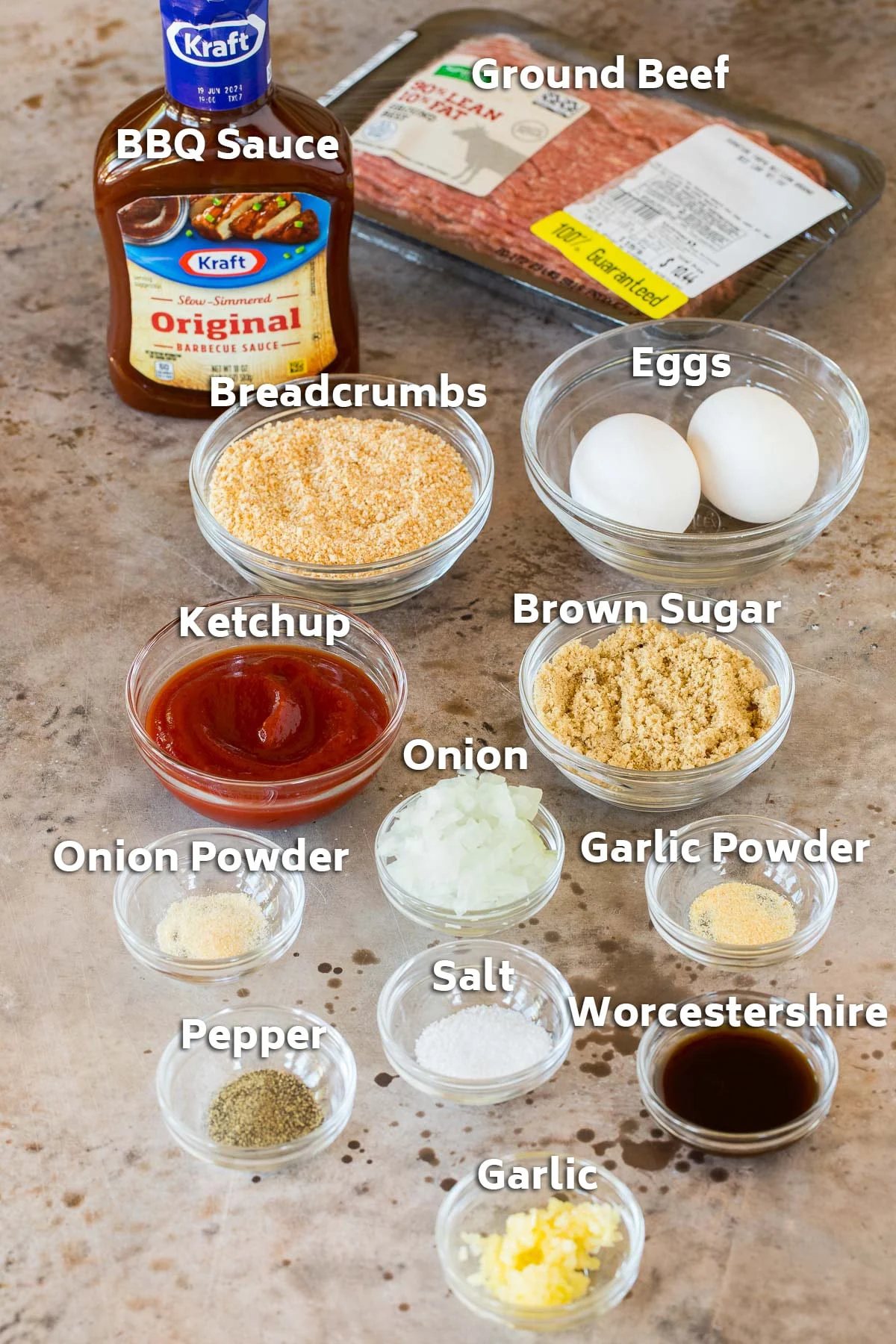 Ingredients including onion, garlic, BBQ sauce, ground beef and seasonings.