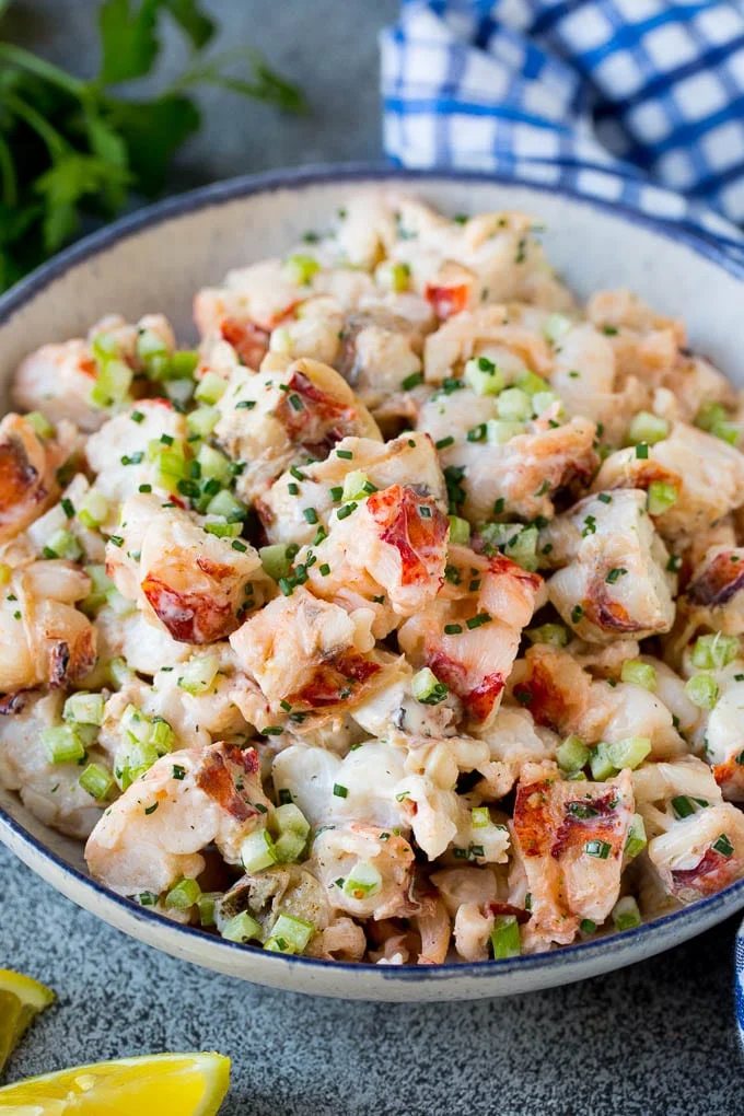 A bowl of lobster salad in a silky dressing.