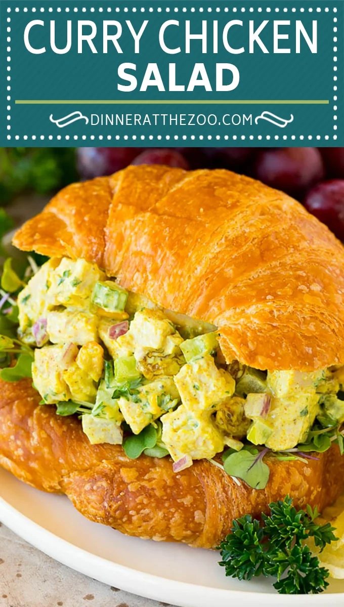 This curry chicken salad is a blend of diced chicken, fresh veggies, dried fruit and nuts, all tossed together in a creamy spiced dressing.