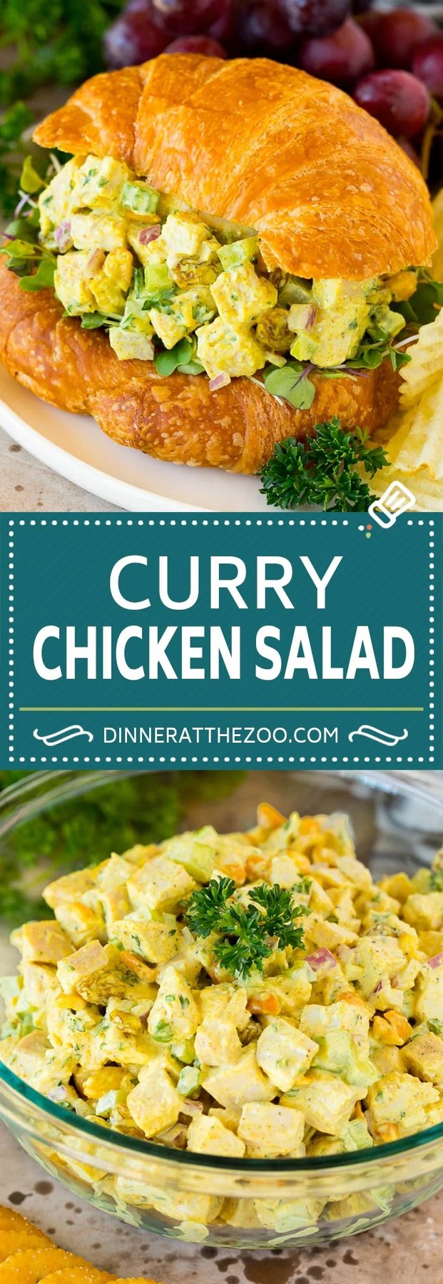 This curry chicken salad is a blend of diced chicken, fresh veggies, dried fruit and nuts, all tossed together in a creamy spiced dressing.