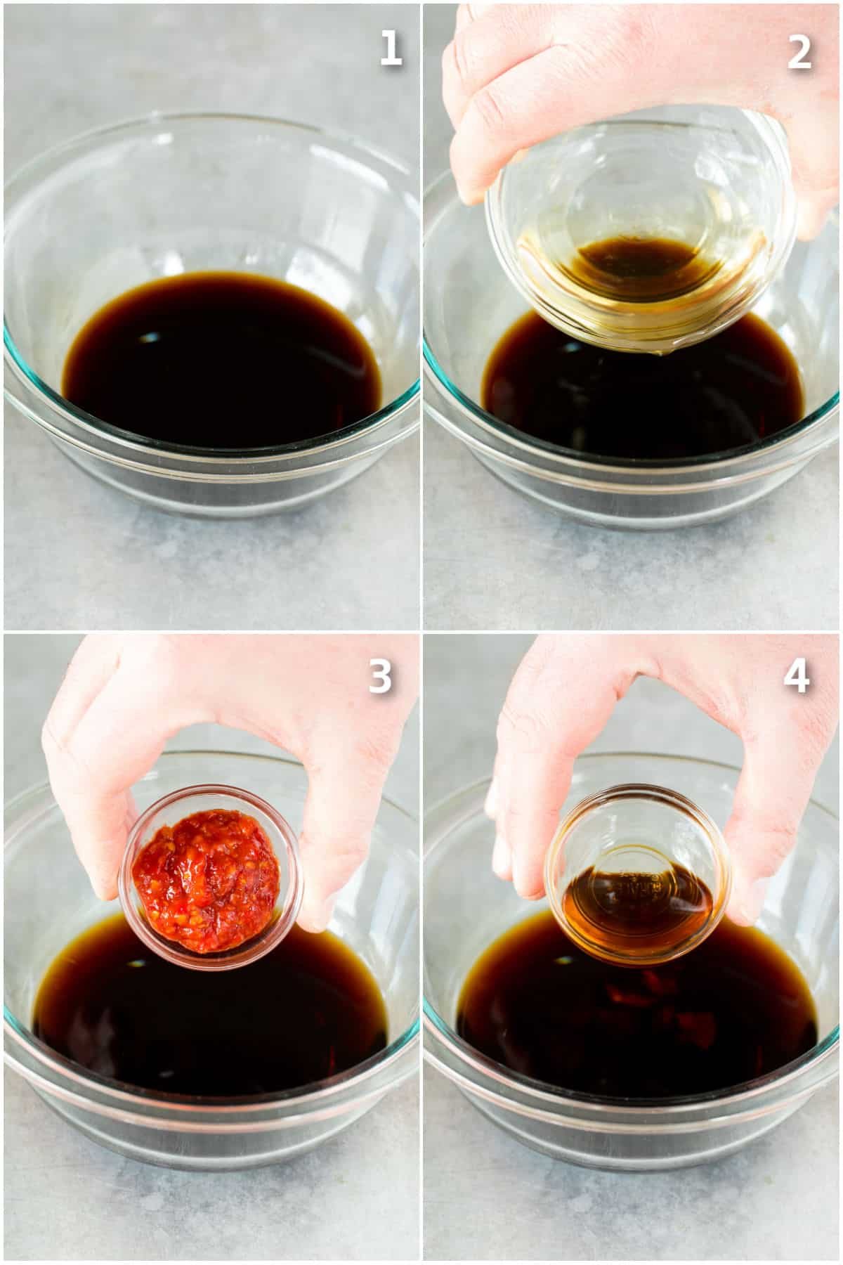 Rice vinegar, chili garlic sauce and sesame oil being poured into soy sauce.