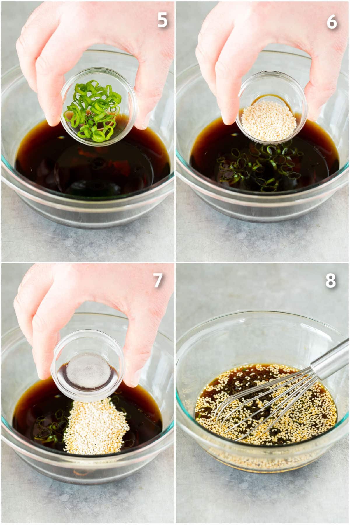 Green onions, sesame seeds and sugar poured into a bowl of sauce.