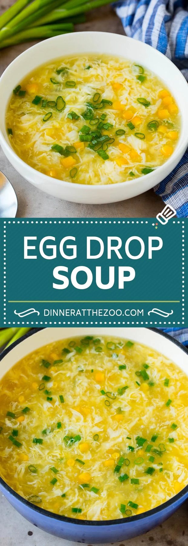 This easy egg drop soup is a simple dish made with beaten eggs, green onions, ginger and corn, all in a complex and savory broth.