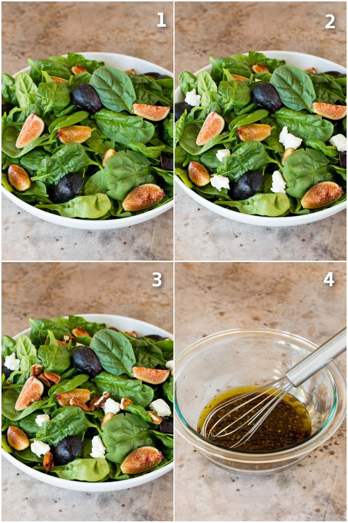 Step by step process shots showing how to make a fig and spinach salad.