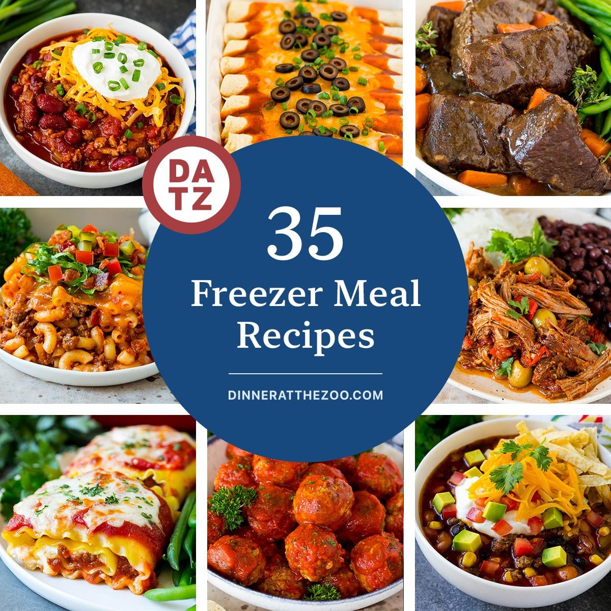 A group of straightforward freezer meal recipes like lasagna roll ups, Italian meatballs and ropa vieja.