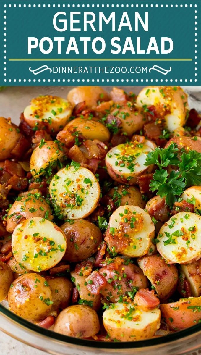 This German potato salad is boiled baby potatoes tossed in a warm bacon and mustard dressing, then garnished with fresh herbs.
