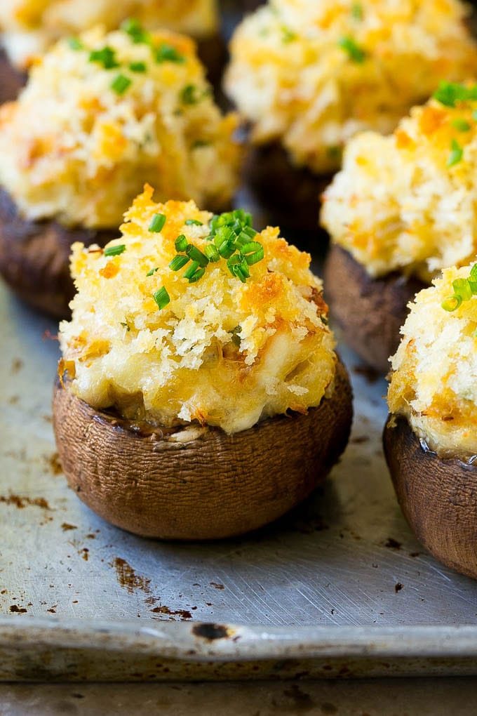 Crab stuffed mushrooms with cremini mushroom caps filled with a silky seafood filling.