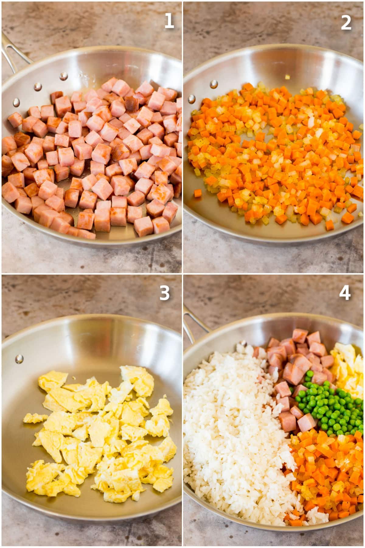 Step by step process shots showing how to make ham fried rice.