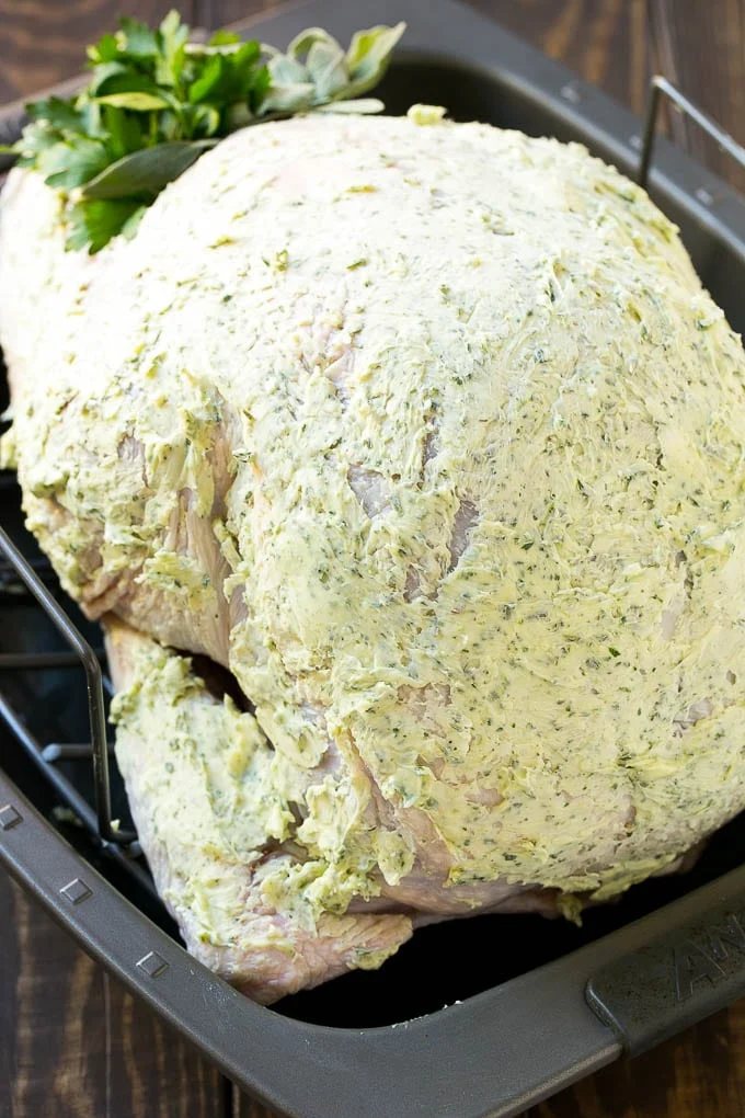 Herb roasted turkey coated in butter crust.