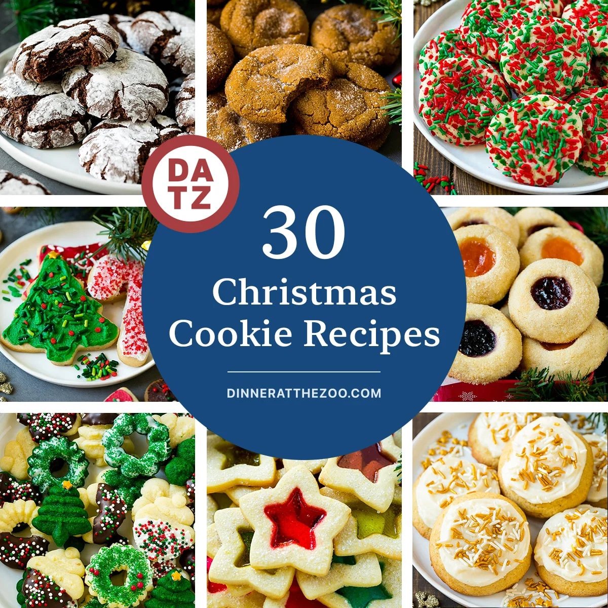 A collection of festive Christmas cookie recipes including spritz cookies, thumbprint cookies and eggnog cookies.