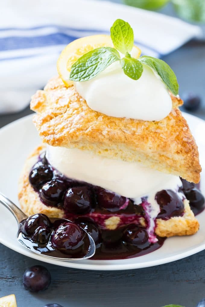Blueberry shortcake with kitchen-made biscuits, blueberry sauce and ice cream.