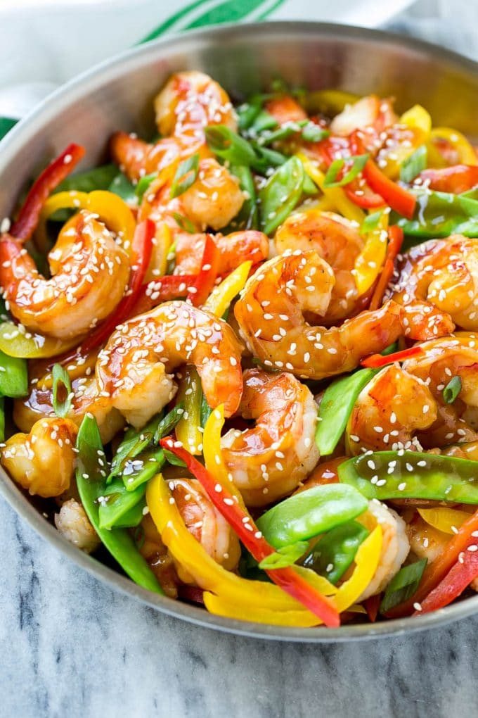 Teriyaki shrimp stir fry with shrimp, snow peas and peppers in a kitchen-made sauce.