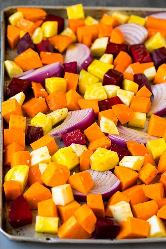 A mixture of root vegetables tossed with olive oil and garlic.