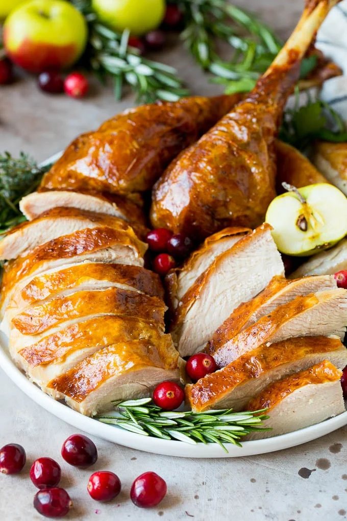 Sliced turkey on a serving plate.