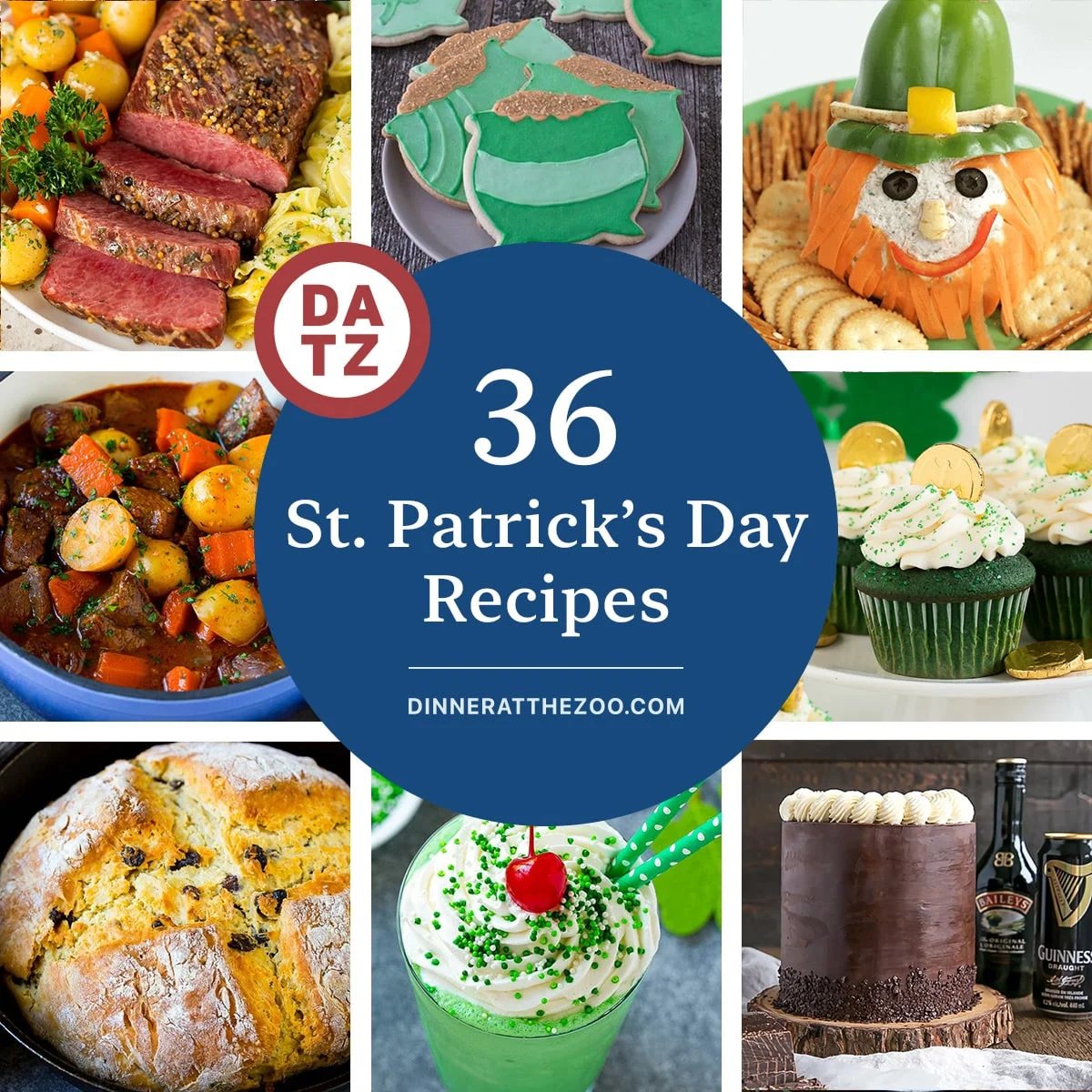 A group of images of tasty St. Patrick's Day recipes such as Irish soda bread, Irish stew and instant pot corned beef.