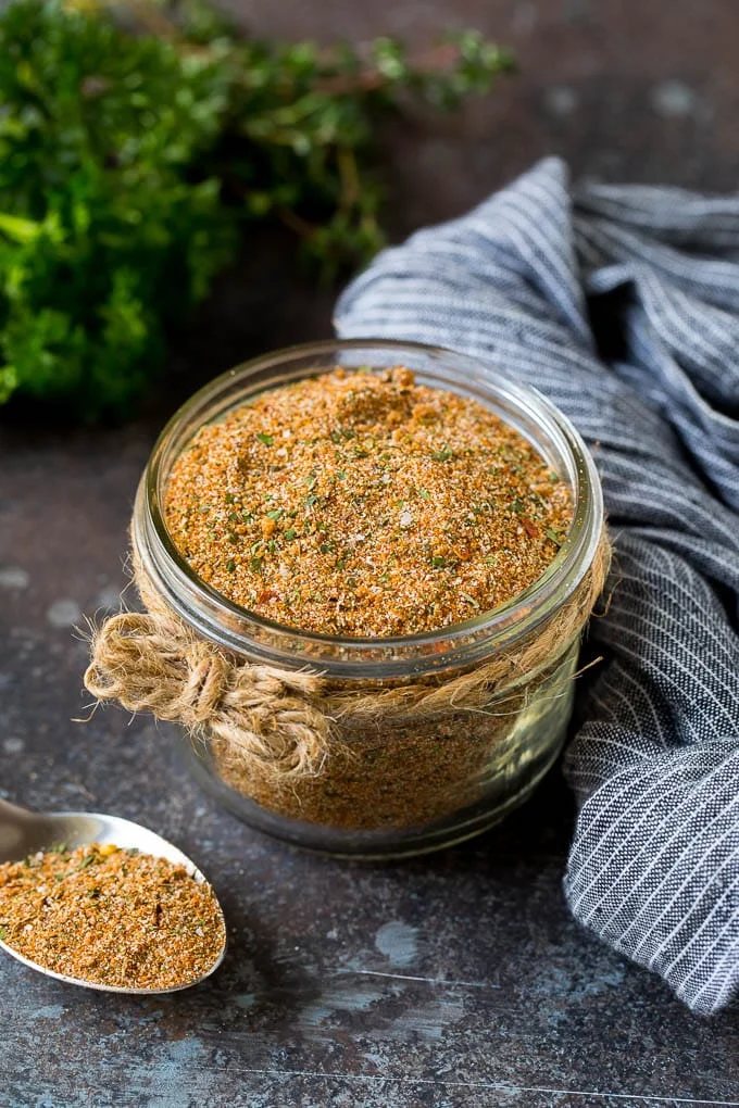 A jar of homemade jerk seasoning.
