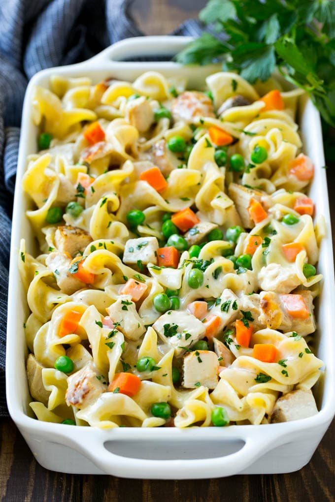 This chicken noodle casserole is diced chicken, veggies and egg noodles all in a silky sauce.