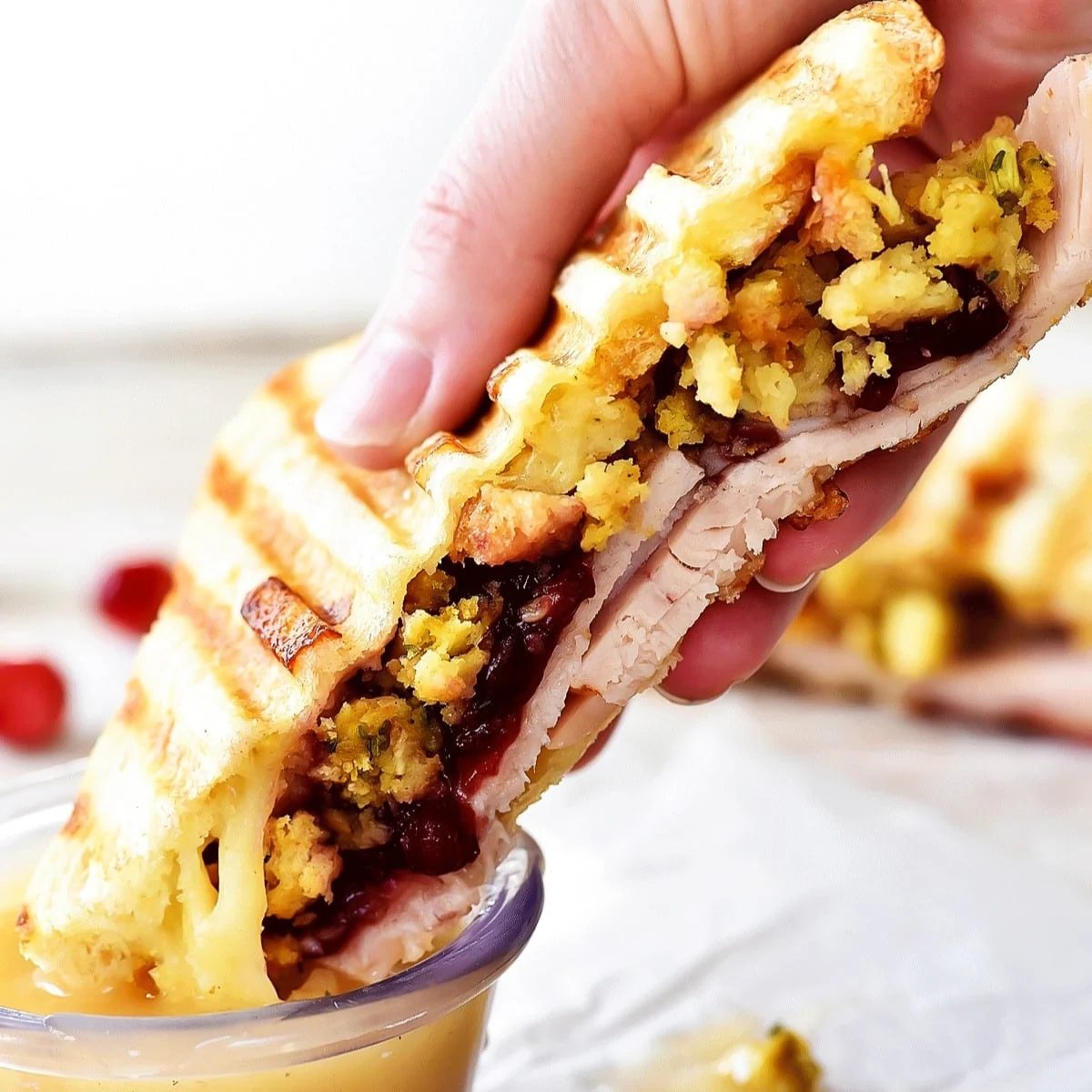 An image of a pressed sandwich with turkey, cranberry and stuffing.