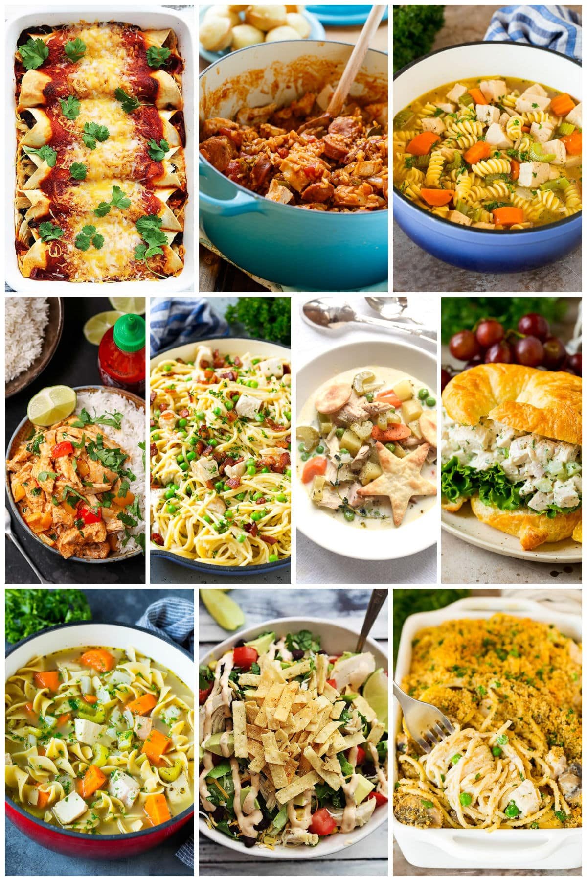 A group of turkey meals like turkey pasta carbonara, turkey enchiladas and turkey curry.