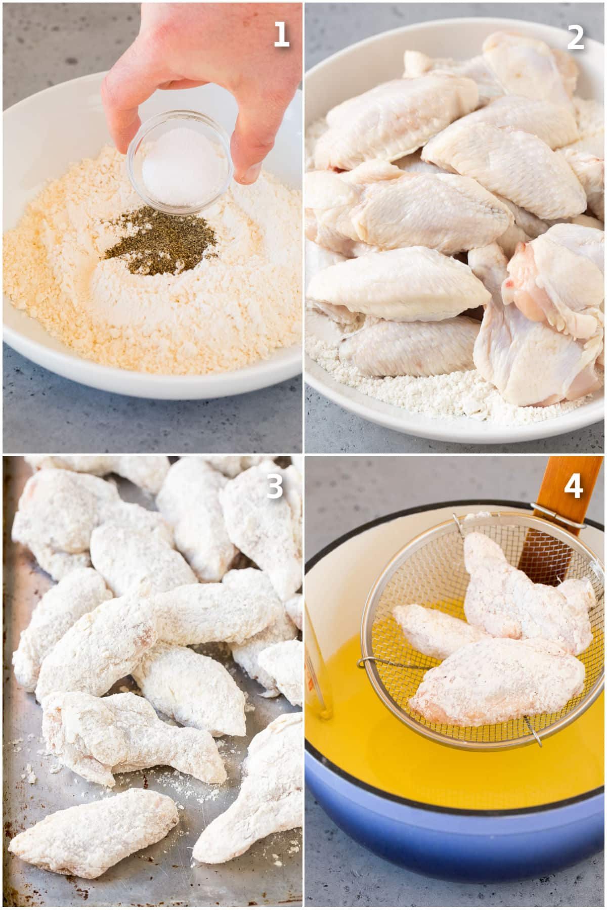 Step by step shots showing how to bread and fry chicken wings.